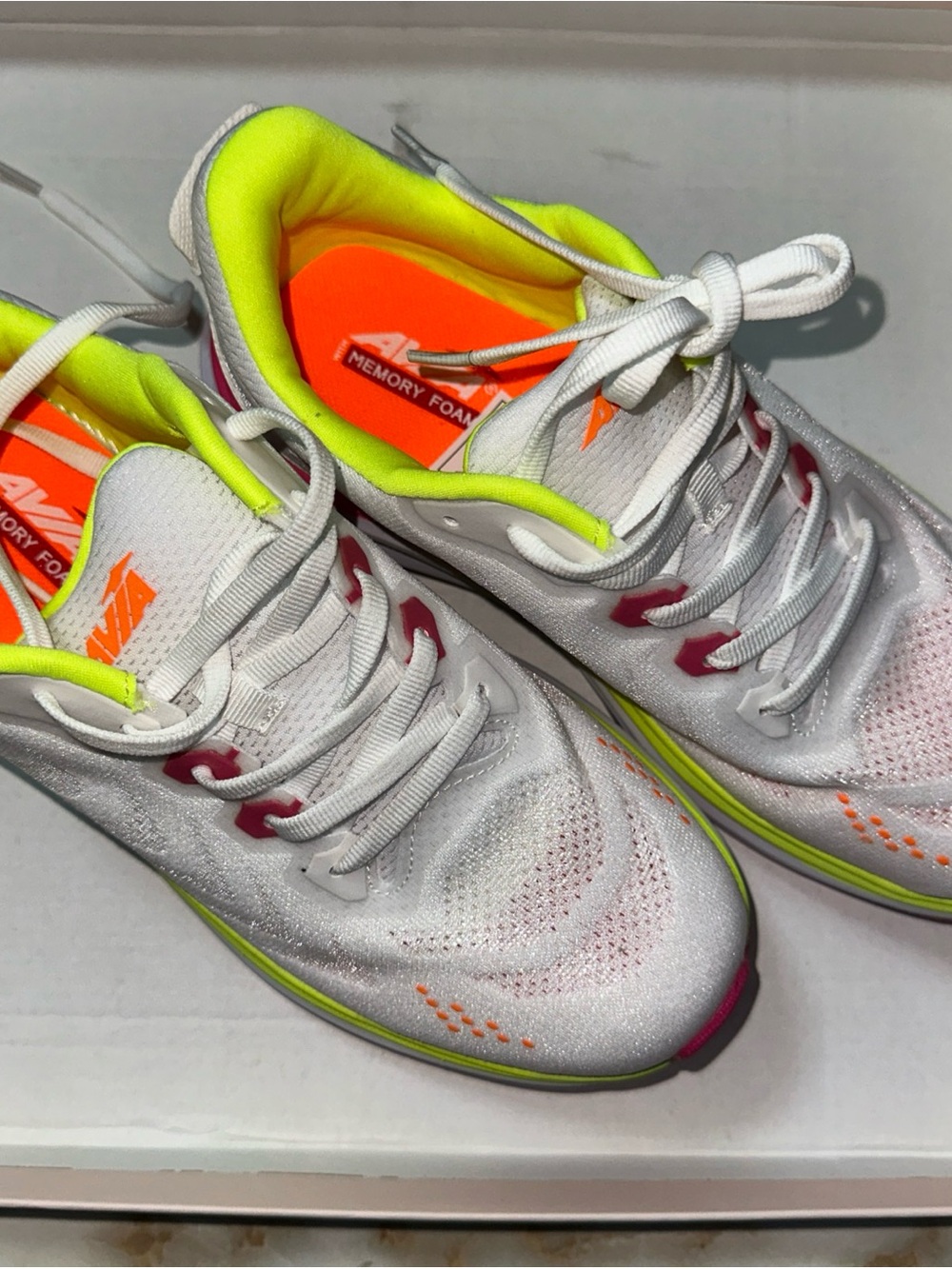 Avia White Athletic Running Shoes with Neon Yellow and Orange Accents NWOB